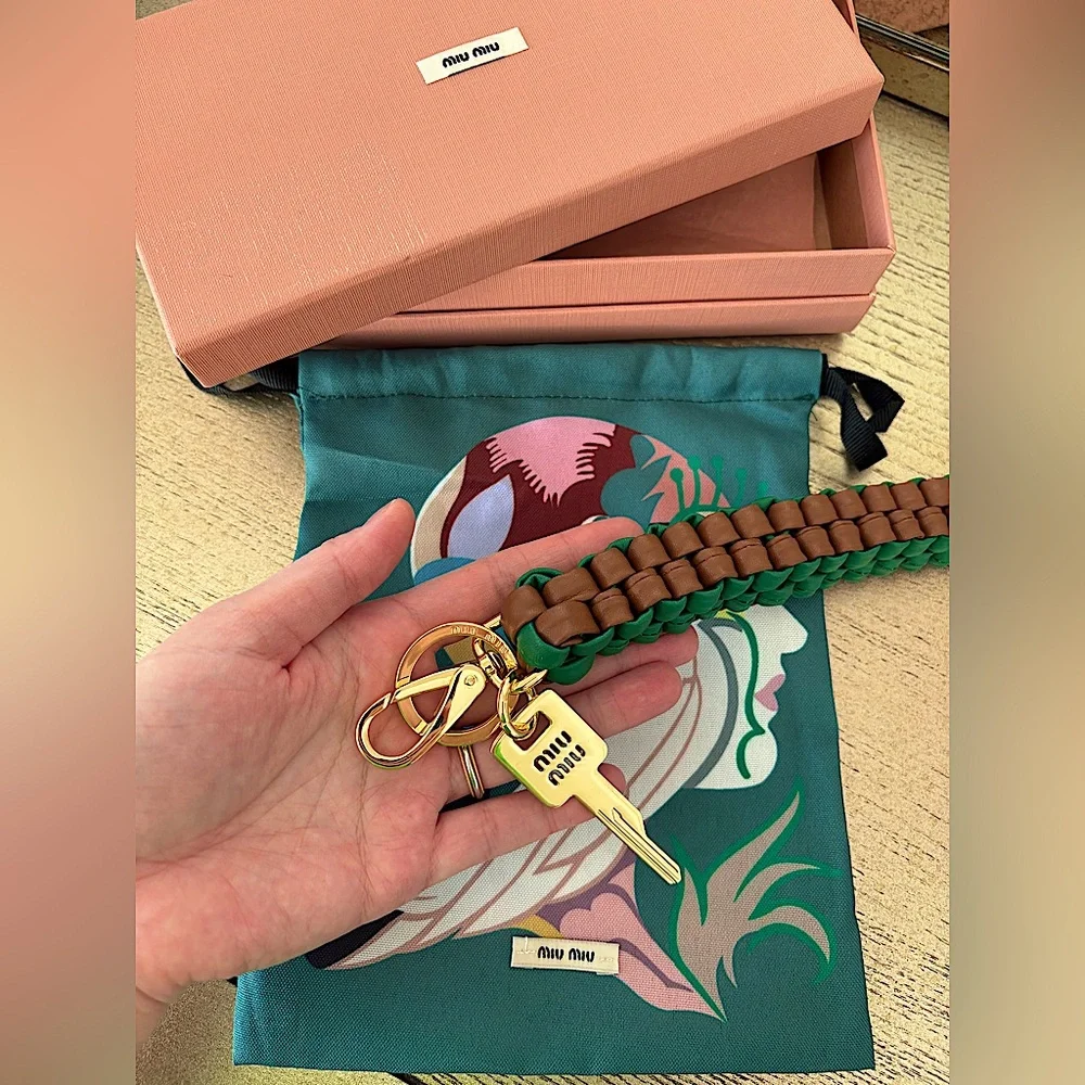 Miu Miu Leather Keychain Trick in Cognac/Mango Braided With Snap-Hook Logo - Picture 11 of 15